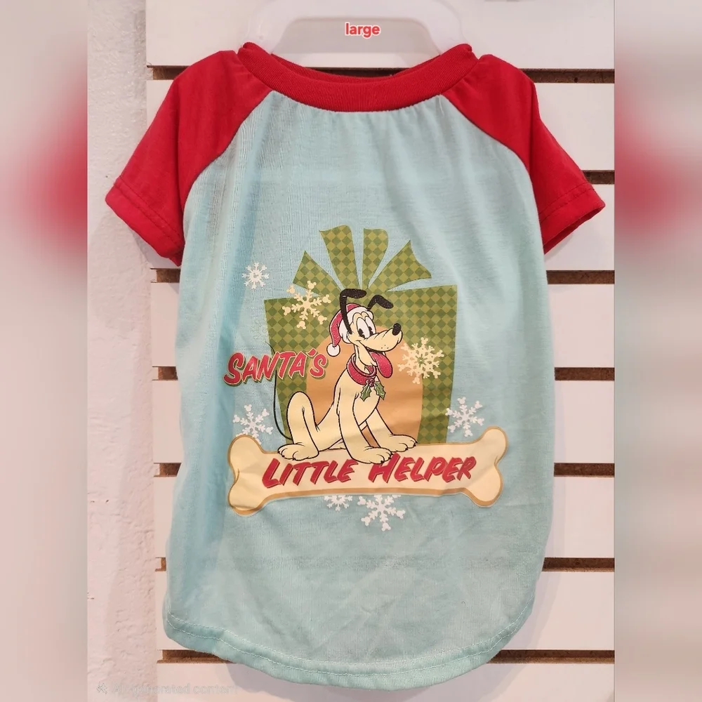 Disney Santa's Little Helper Pluto Blue Red Dog Christmas Tee